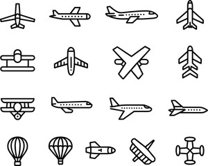 Airplane icons set, commercial jets, biplane, hot air balloon, satellite dish, aviation symbols, aircraft views, flight transportation icons © Selim Creatives