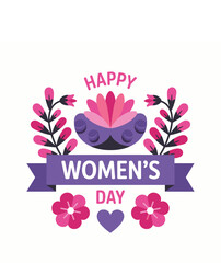 Happy Women's Day with purple and pink flowers and heart international women's day vector illustration isolated on white background.