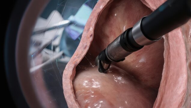 Close-up of a surgical instrument performing a delicate procedure inside a human organ.