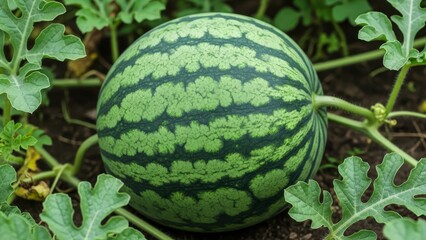 A round watermelon its surface patterned with green stripes rests on dark soil surrounded by lush green foliage
