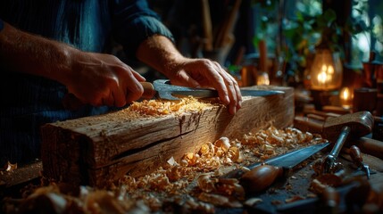 Skilled craftsman carving wooden sculpture with chisel in dimly lit workshop