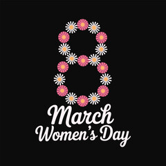 March Women's Day floral number eight international women's day flowers vector illustration isolated on black background.