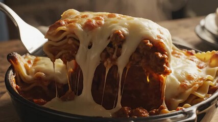 Close up of baked pasta dish with melted cheese in dark cooking vessel - Powered by Adobe