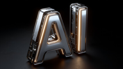 Metallic artificial intelligence letters integrated into a circuit board representing advanced computing intelligence and AI hardware concept.
