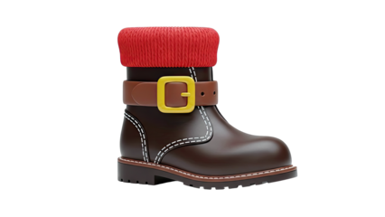 Brown Cartoon Boot with Red Knit Cuff and Yellow Buckle