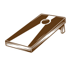Brown and white illustration of a cornhole board with a hole in the center for playing games outdoors