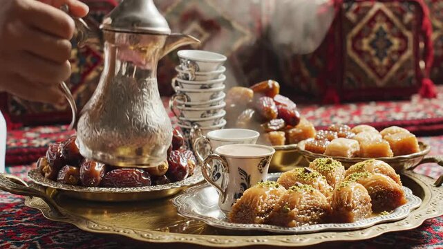 Close up of dates and desserts with a silver coffee pot and cups