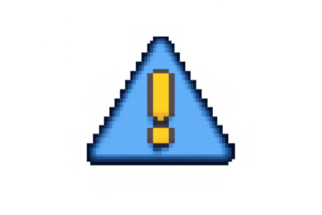 Pixel art blue triangle warning sign icon with yellow exclamation mark indicating alert, notification, and attention, transparent background