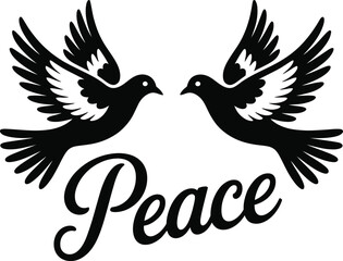 Fototapeta premium Two doves flying with the word Peace bird text