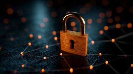 A golden padlock sits atop a complex network of interconnected glowing nodes on a dark, textured surface, representing security