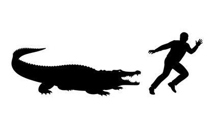Fototapeta premium Man Running from Crocodile Silhouette Illustration, Outdoor Action Scene, Graphic Design, Side View