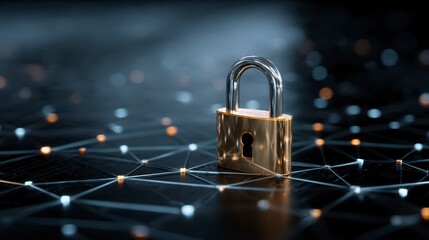 A golden padlock sits prominently at the center, resting atop a network of illuminated lines and dots against a dark background
