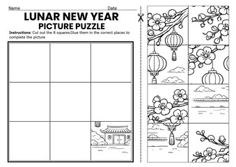 Lunar New Year cut and paste puzzle worksheets for kids! Fun Chinese New Year coloring puzzles to build fine motor skills, scissor practice, and hands-on learning. Great for classroom centers and home