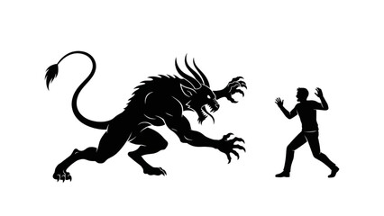 Fototapeta premium Man Facing Mythical Creature Silhouette Action Illustration on White Background