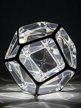 Complex polyhedral shape with transparent panels and black outline design