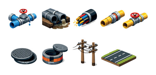 Collection of utility icons: pipes, valves, cables, and infrastructure elements
