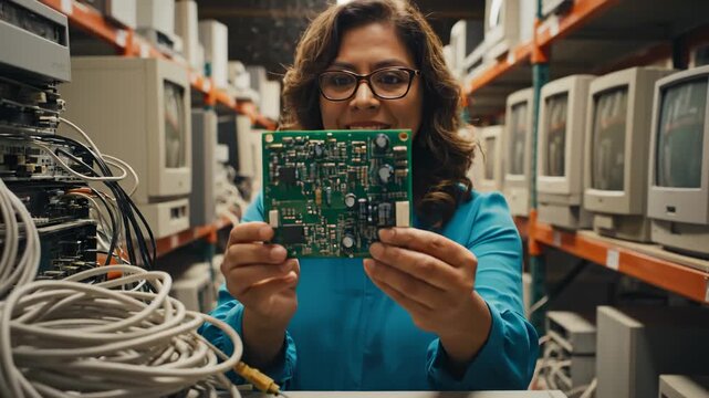 Woman Inspecting Circuit Board in Warehouse With Old Computers