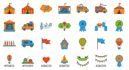 Fototapeta premium Collection of vibrant and playful vector icons representing carnival and festival themes