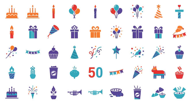Festive celebration vector icon set featuring birthday party elements and decorations for holidays