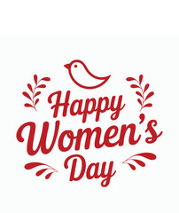 Red Happy Women's Day text with bird and leaves international women's day red text white background