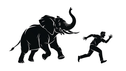 Obraz premium Man Running from Charging Elephant Illustration, Action, Wildlife, Graphic Art, Side View