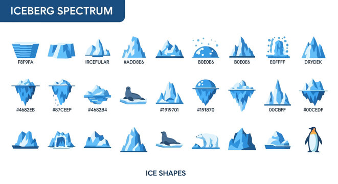 Iceberg Spectrum and Ice Shapes Vector Illustration Set with Hex Color Codes