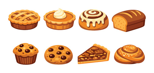 Assorted baked goods: pies, muffins, cookies, rolls, bread