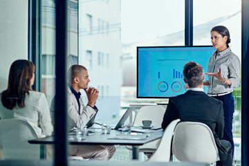 Presentation, teaching and meeting with business woman in office for planning, stakeholder pitch or review. Investor profit chart, discussion and coaching with employee in agency for project analysis