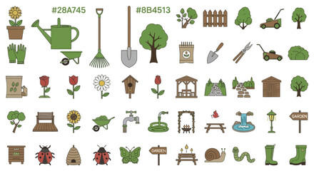 Collection of Gardening and Landscaping Icons Representing Outdoor Activities and Horticulture © M