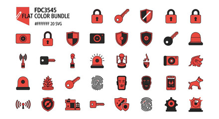 Collection of flat color vector icons with a security theme and red and black color scheme