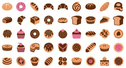 Collection of Assorted Bakery Items, Breads, Pastries, Cakes and Sweets Illustration