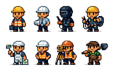 Pixel art characters depicting various construction and trades workers in uniform