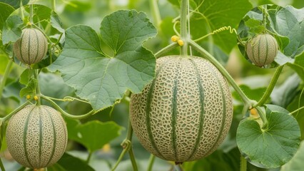 Cantaloupe melons hang from vines amidst lush green foliage