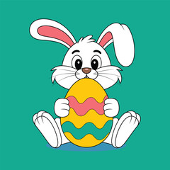 White cartoon bunny holding colorful Easter egg on teal background rabbit
