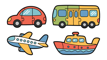 Naklejka premium Transportation Puzzle: A charming illustration depicts four different modes of transportation, each assembled from puzzle pieces, symbolizing the interconnectedness of movement and travel. 