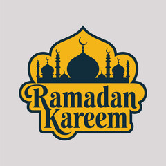 Yellow and black Ramadan Kareem with mosque silhouette islamic crescent moon vector illustration isolated on a grey background.