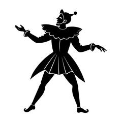 Minimalist silhouette illustration of a playful jester in a whimsical pose