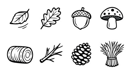 Black and white nature icons: leaf, acorn, mushroom, log, branch, pinecone, wheat