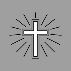 White cross with black outline and radiating lines on gray background black cross