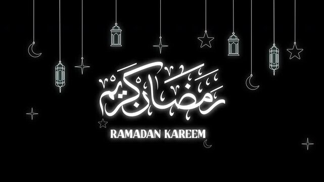 Simple Arabic text animation "RAMADAN KAREEM" greeting with crescents, stars, and lanterns is perfect for social media posts, greeting cards, and website banners.