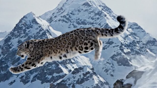 Snow leopard on rocky ridge ready to leap slow motion