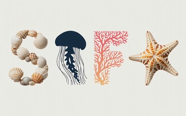 The word SURF is creatively constructed using various marine objects on a plain background. Seashells, a blue jellyfish, pink coral, and a textured starfish form the individual letters.