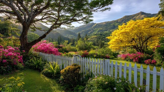 A sunlit garden scene features a white picket fence, vibrant flowers, lush greenery, and distant mountains