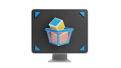3D Rendering of a Shopping Cart with Cubes on a Computer Screen