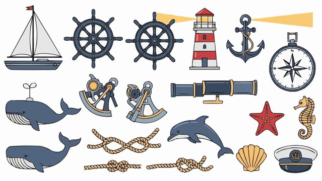 Nautical objects and sea creatures collection illustration.