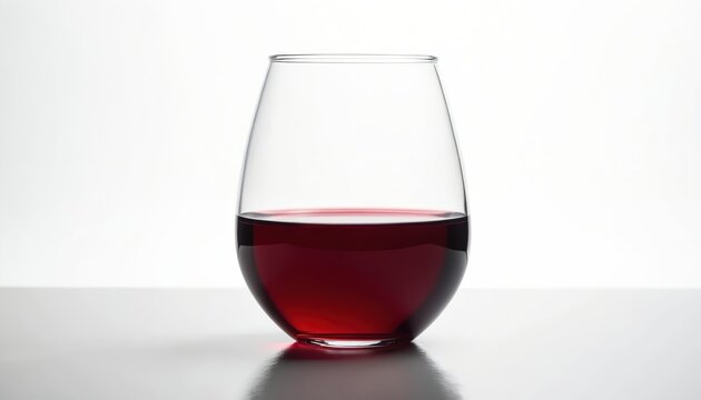 Red wine sits in a clear stemless glass. The drink is half full with dark ruby liquid. Isolated on a plain white background, the simple container allows focus on the beverage itself.