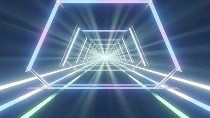 Neon light tunnel with glowing geometric shapes receding into distance
