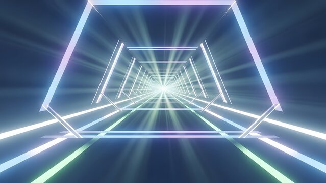 Neon light tunnel with glowing geometric shapes receding into distance - Powered by Adobe