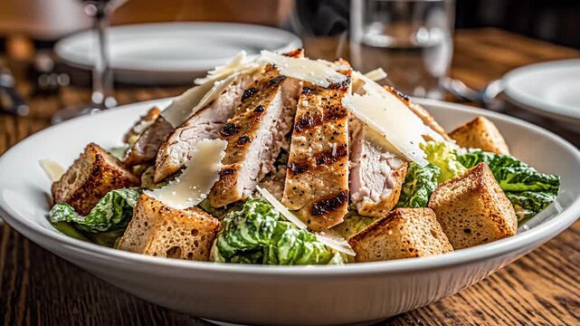 Grilled chicken caesar salad with croutons and parmesan cheese close up