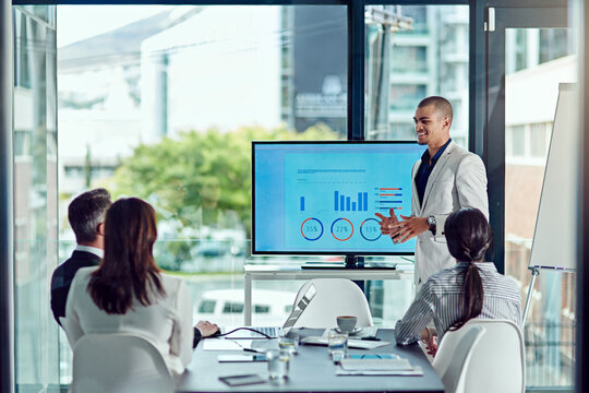 Screen, teaching and presentation with business man in office for planning, stakeholder pitch or graph. Investor profit chart, discussion and coaching with employee in boardroom for project analysis